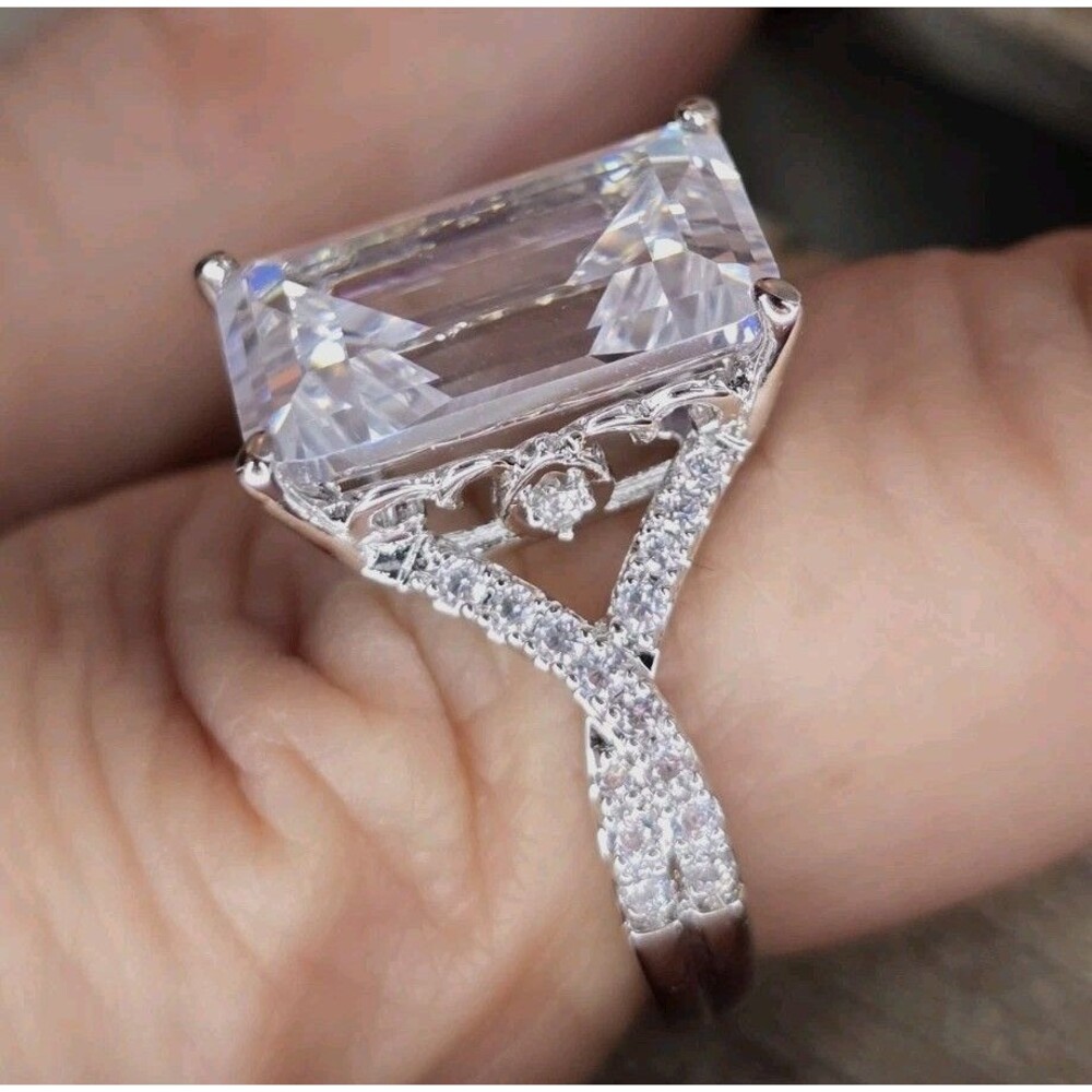 Vintage Emerald Cut Statement Ring Split Pave Band Clear Stone Silver Tone Sz 6